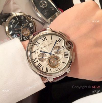 New Fake Cartier Tourbillon Ballon Bleu Watch Brown Leather Band